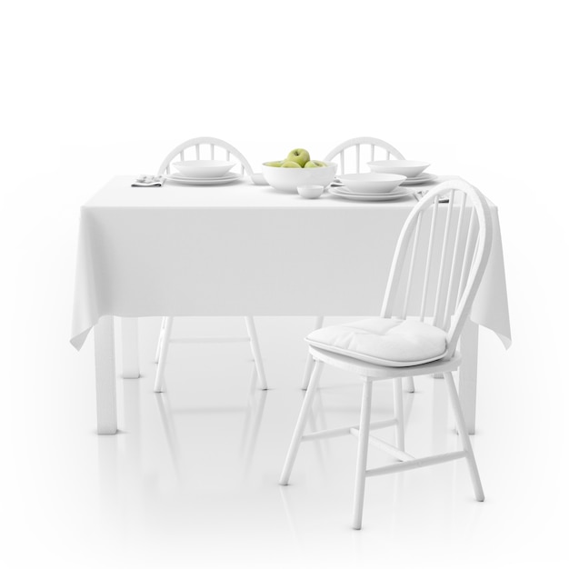 PSD gratuito mesa con mantel, vajilla y sillas.