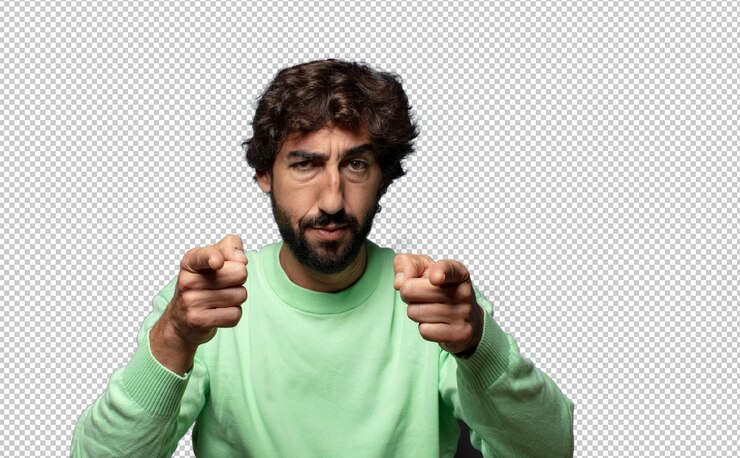 Gratis PSD met beide vingers naar de camera wijzen en een boze uitdrukking geven om je plicht te doen.