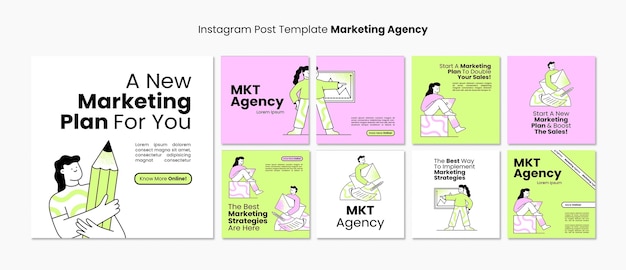 Met de hand getekende instagram-posts van een marketingbureau