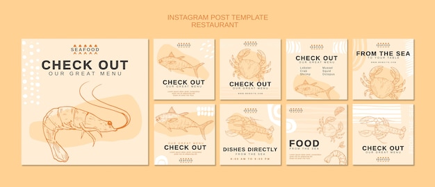 Gratis PSD met de hand getekende instagram-posts van een zeevruchtenrestaurant