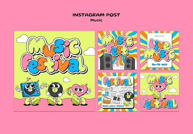 Met de hand getekende instagram-posts van het muziekfestival