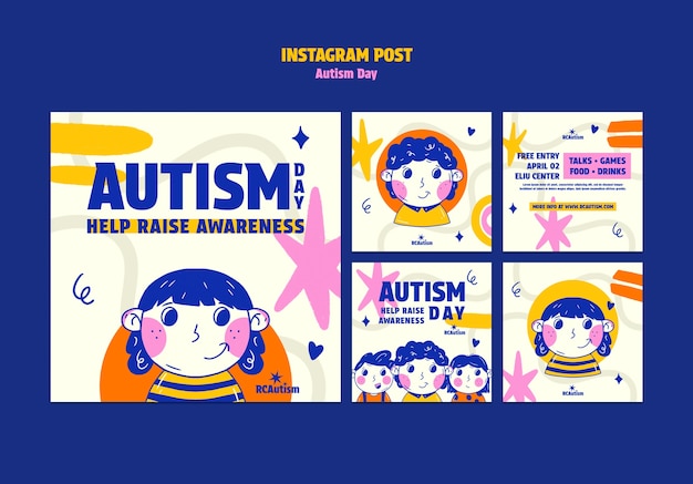 Met de hand getekende instagram-posts voor de viering van de dag van de autisme