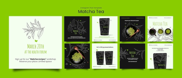 Gratis PSD met de hand getekende matcha thee instagram-posts