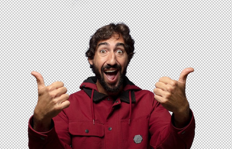 Gratis PSD met een vrolijke glimlach en een gelukkig uiterlijk, zorgeloos en positief met beide duimen omhoog