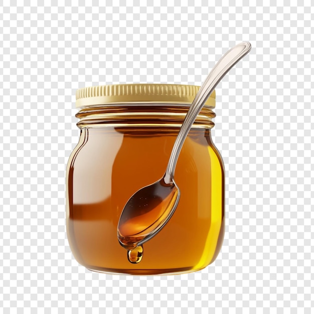 La miel dorada en un frasco con cuchara