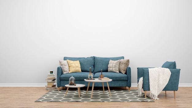 Gratis PSD minimale woonkamer met klassieke bank en tapijt, interieurideeën