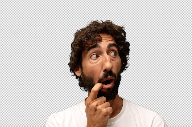 con mirada sorprendida, nerviosa, preocupada o asustada mirando hacia el lado hacia el espacio de copia