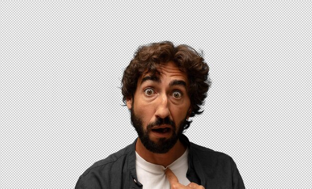 mirando conmocionado y sorprendido con la boca abierta señalando a sí mismo
