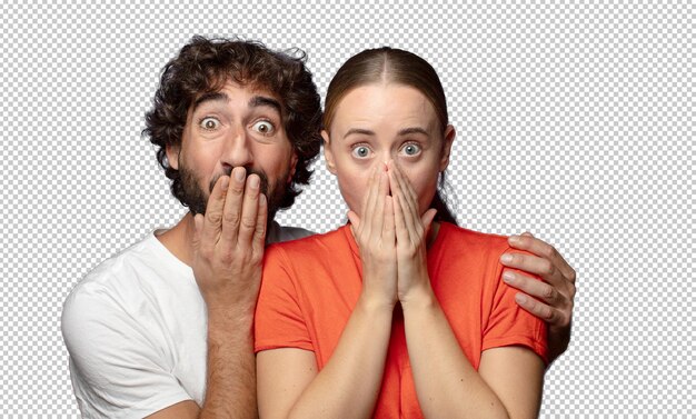mirando feliz alegre afortunado y sorprendido cubriendo la boca con ambas manos