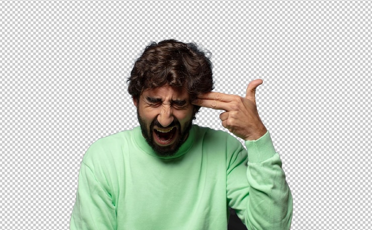 PSD gratuito mirando infeliz y estresado gesto de suicidio haciendo signo de pistola con la mano apuntando a la cabeza