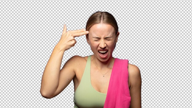 Mirando infeliz y estresado gesto de suicidio haciendo signo de pistola con la mano apuntando a la cabeza