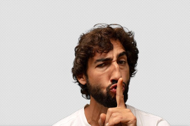 mirando serio y cruzado con el dedo presionado a los labios exigiendo silencio o silencio manteniendo un secreto