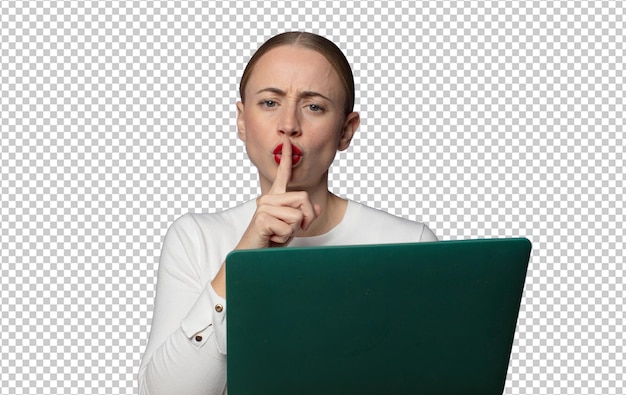 mirando serio y cruzado con el dedo presionado a los labios exigiendo silencio o silencio manteniendo un secreto