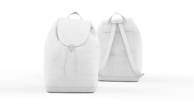 Mochila blanca aislada, vista frontal y posterior