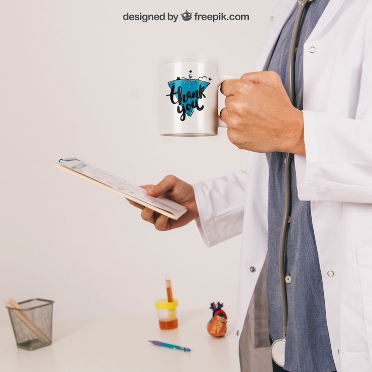 PSD gratuito mock up con doctor sujetando una taza de café y una carpeta