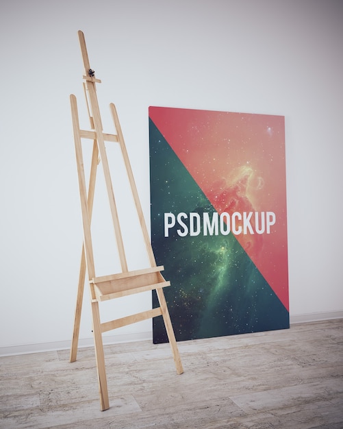 PSD gratuito mock up de lienzo sobre suelo de madera
