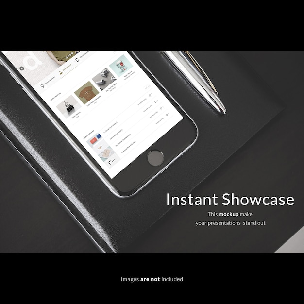 PSD gratuito mock up de smartphone sobre agenda negra
