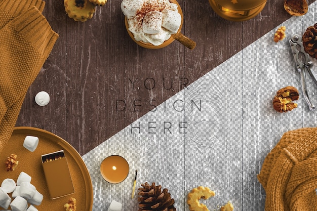 Mockup Accogliente scena invernale con candele, bevanda calda, marshmallow, noci e vestiti di lana