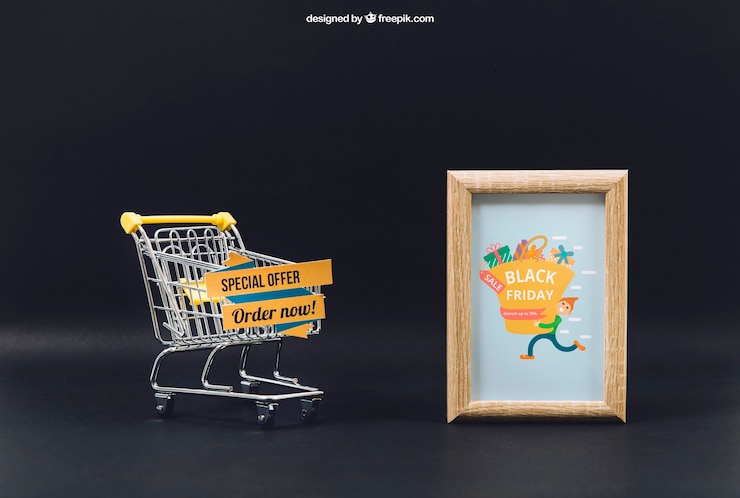 PSD gratuito mockup de black friday con carro y marco