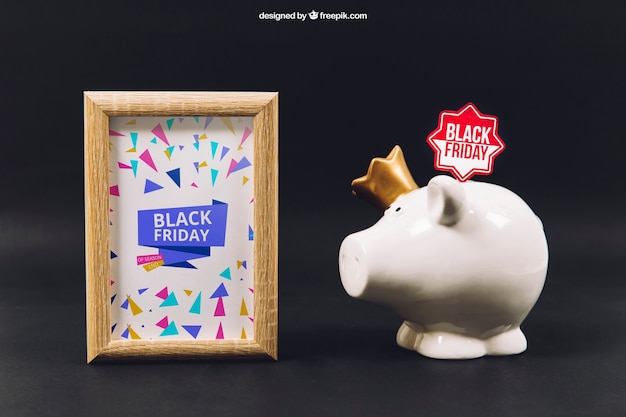 Mockup de black friday con marco y hucha