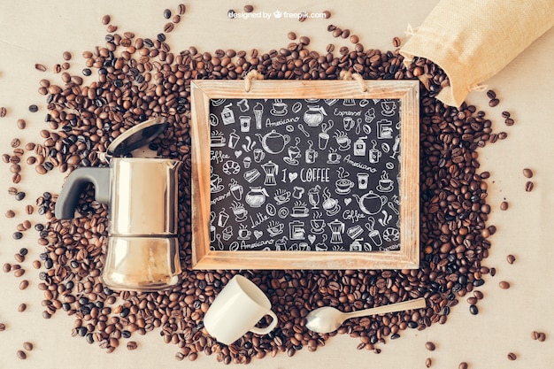 Mockup de café con pizarra y cafetera