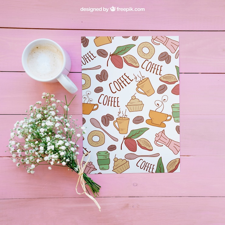 PSD gratuito mockup colazione con caffè e fiori