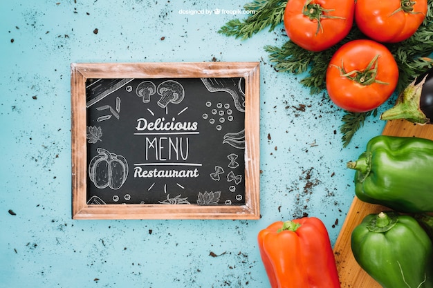 Mockup de comida vegetariana con pizarra a la izquierda