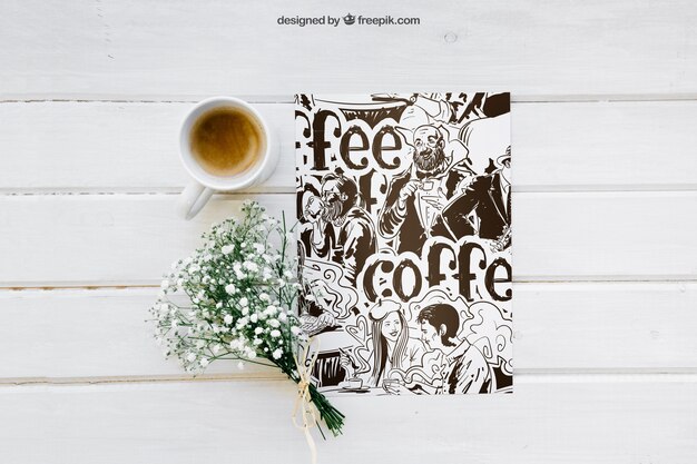 Mockup de desayuno con papel y café