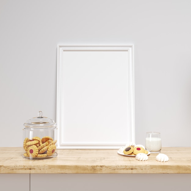 Mockup di cornice bianca su un bancone della cucina con deliziosi biscotti