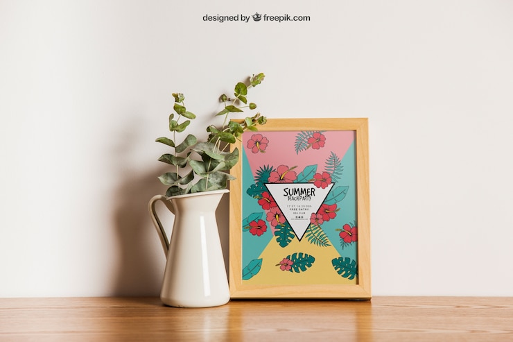 PSD gratuito mockup di cornice con decorazione di fiori