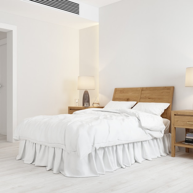 Mockup di interior design con letto e poggiatesta in legno