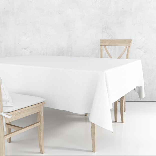 Mockup di tavolo da pranzo vuoto con panno bianco e sedie in legno