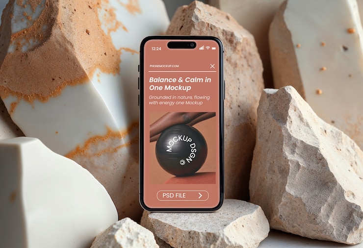 PSD gratuito mockup di telefono con elementi naturali