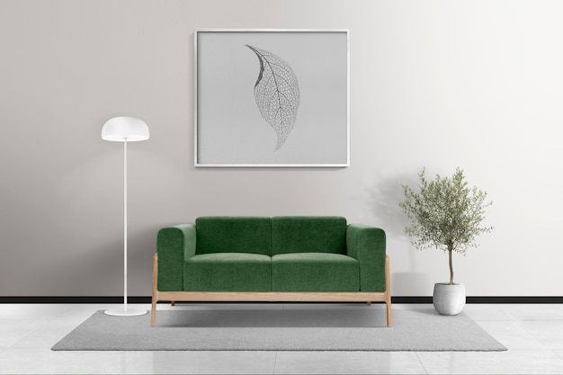Mockup de marco de imagen psd colgado en una sala de estar moderna