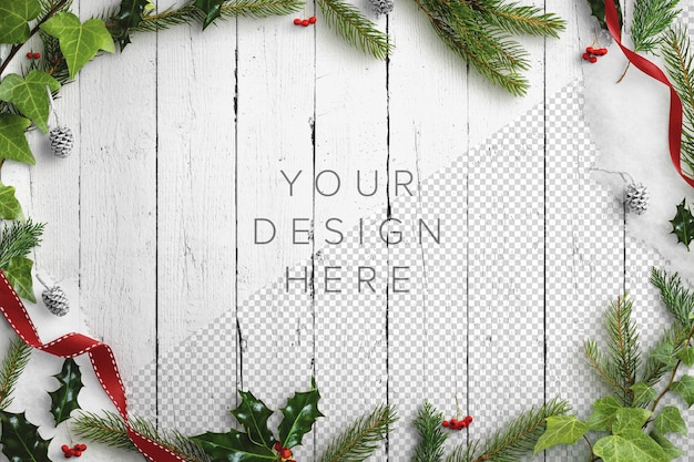 Gratis PSD mockup natuur winters tafereel met dennenboom, hulst, dennenappels en linten