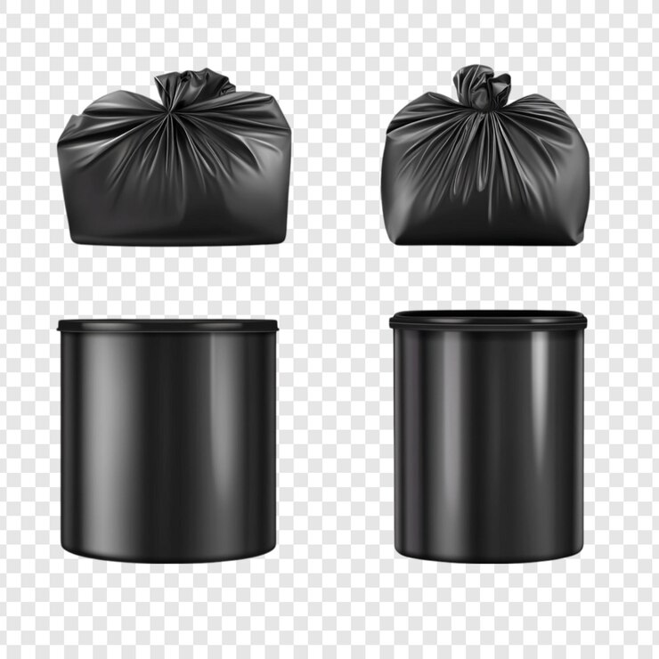 PSD gratuito mockup realistico di sacchetti e contenitori di spazzatura neri ad alta risoluzione per progetti di gestione e riciclaggio dei rifiuti