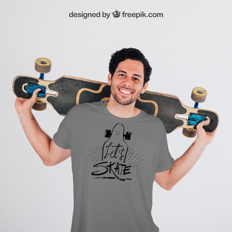 PSD Gratis mockup skater muda dengan kaus abu-abu