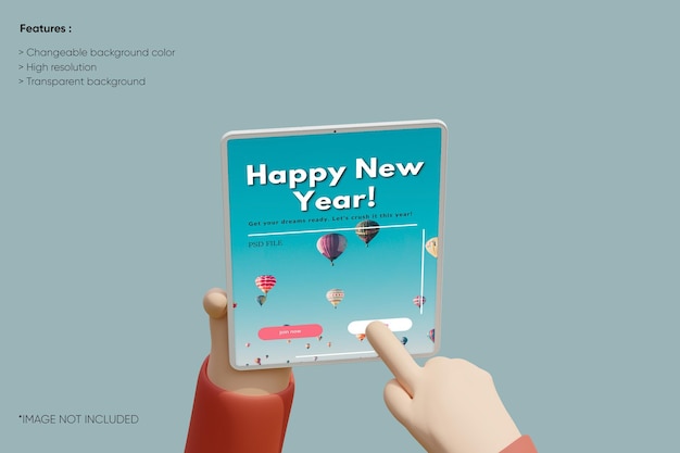 Mockup voor tabletklei op volledig scherm met 3d-handcartoon