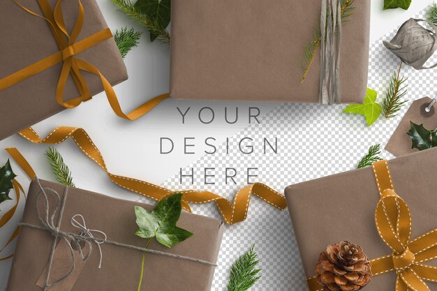 Mockup Winter Gift Scene con pacchi, nastri, edera e agrifoglio