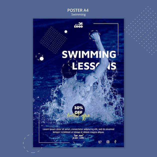 Modello del manifesto di lezioni di nuoto con foto