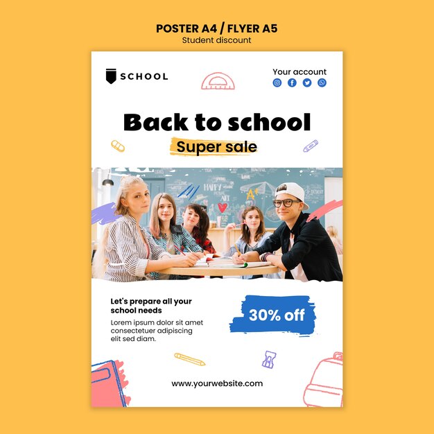 Modello del manifesto di sconti per studenti disegnati a mano