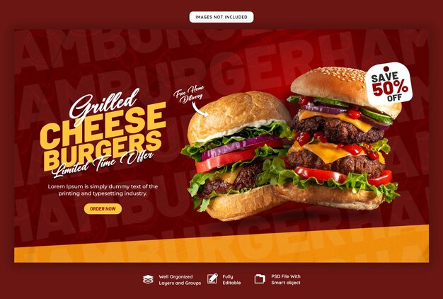 Modello delizioso dell'insegna di web del menu dell'alimento e dell'hamburger