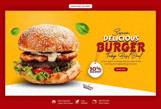 Modello delizioso dell'insegna di web del menu dell'alimento e dell'hamburger