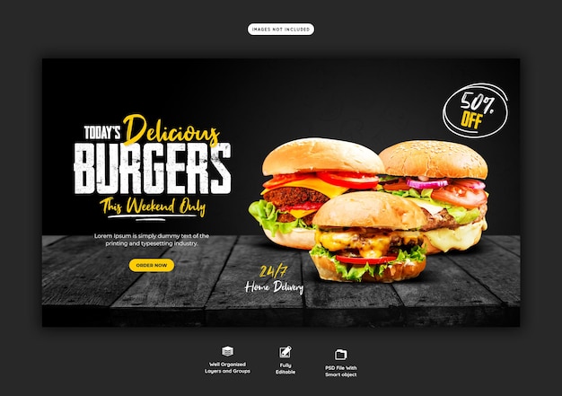 Modello delizioso dell'insegna di web del menu dell'alimento e dell'hamburger