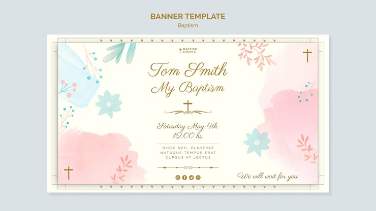 PSD gratuito modello della bandiera del battesimo di design ad acquerello