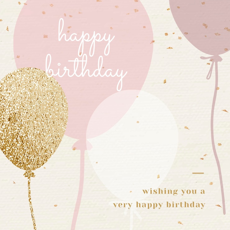 PSD gratuito modello di auguri di compleanno con palloncini psd in tono rosa e oro