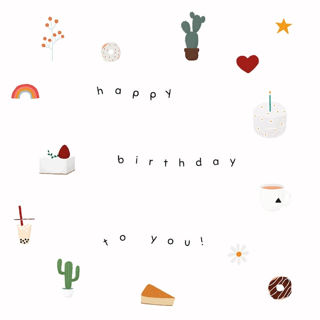 Modello di auguri di compleanno online psd con torta carina e cornice di cactus