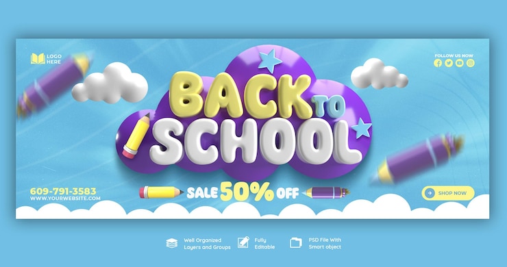 PSD gratuito modello di banner di copertina di facebook per il ritorno a scuola