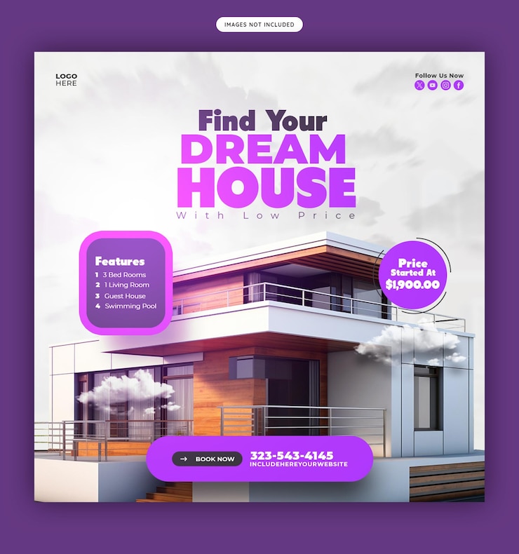 PSD gratuito modello di banner di un post su instagram o sui social media per proprietà immobiliare