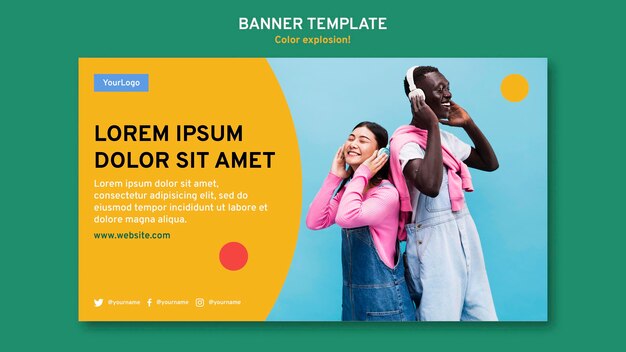 Modello di banner orizzontale con uomo e donna che ascolta la musica in cuffia